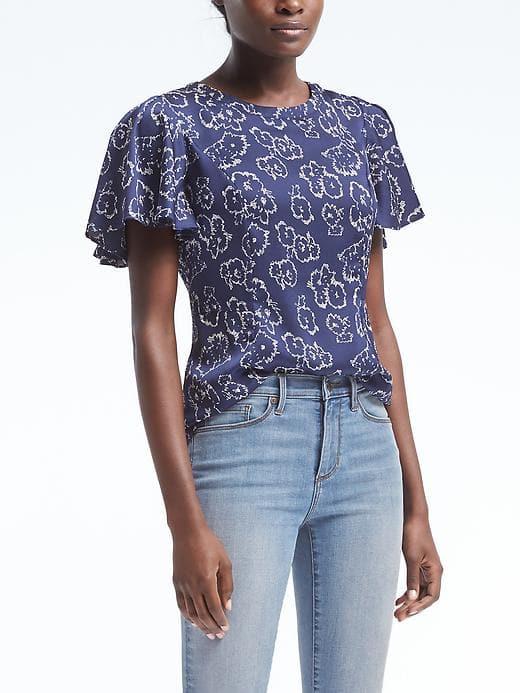 Banana Republic Womens Floral Ruffle Sleeve Peplum Top - Navy