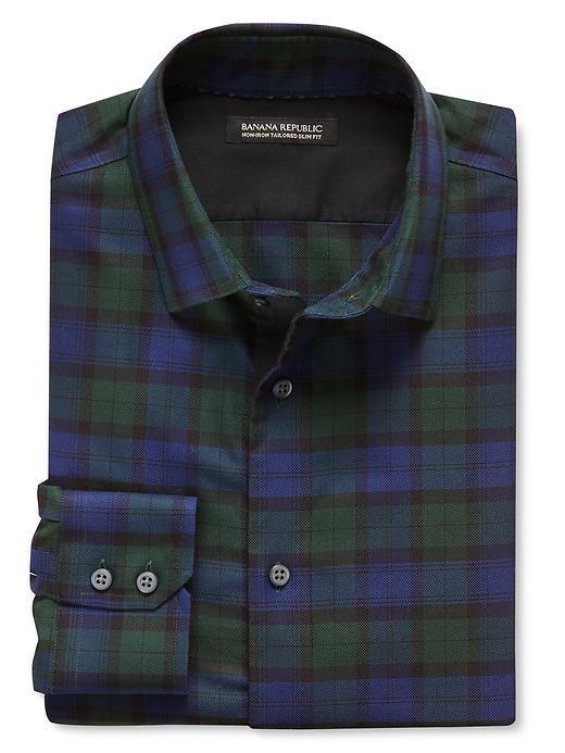 Banana Republic Tailored Slim Fit Non Iron Green/blue Plaid Shirt - Navy