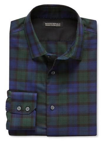 Banana Republic Tailored Slim Fit Non Iron Green/blue Plaid Shirt - Navy