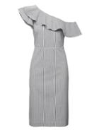 Banana Republic Womens Petite Seersucker One-shoulder Dress Charcoal-blue Stripe Size 0