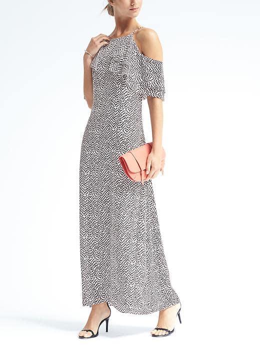 Banana Republic Womens Cold Shoulder Ruffle Maxi Dress - Black Print