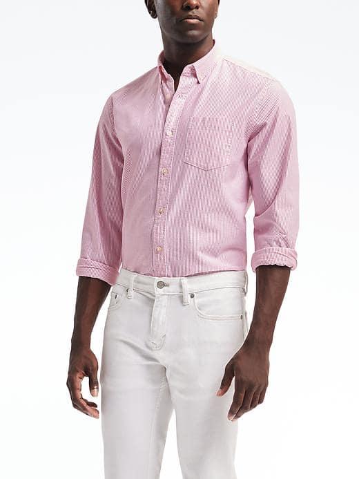 Banana Republic Mens Camden Fit Cotton Stretch Stripe Shirt - Pink