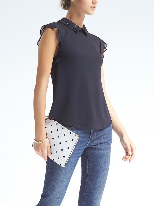 Banana Republic Embellished Collar Ruffle Top - Navy