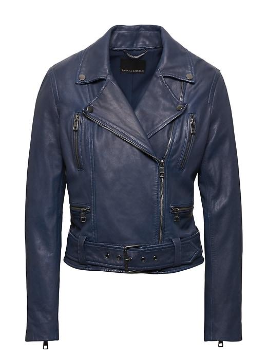 Banana Republic Womens Belted Leather Moto Jacket Navy Size M
