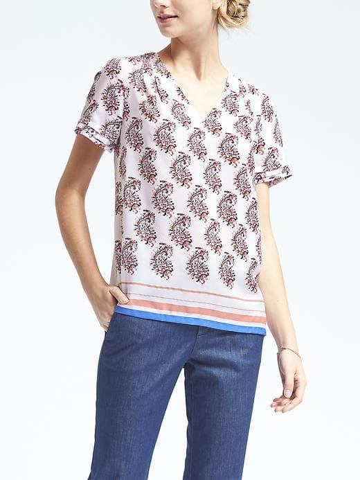 Banana Republic Womens Paisley Pleat Sleeve Top - White