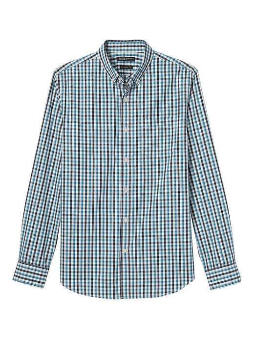 Banana Republic Mens Camden Standard Fit Cotton Stretch Gingham Oxford Shirt - Turquoise