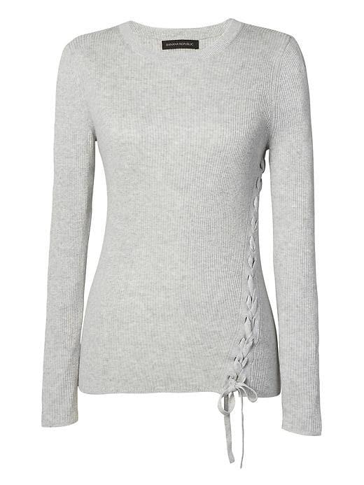 Banana Republic Womens Cotton Blend Lace Up Ribbed Pullover Crew - Light Gray