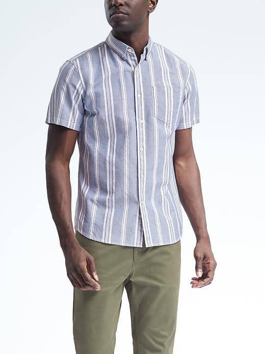 Banana Republic Mens Grant Fit Stripe Cotton Stretch Short Sleeve Shirt - Navy Peony