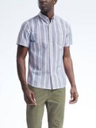 Banana Republic Mens Grant Fit Stripe Cotton Stretch Short Sleeve Shirt - Navy Peony