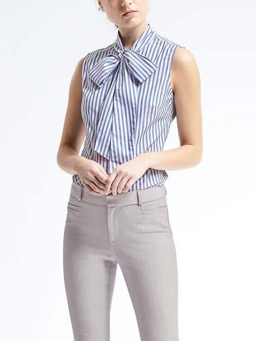 Banana Republic Womens Riley Fit Bow Neck Stripe Shirt - Blue Stripe