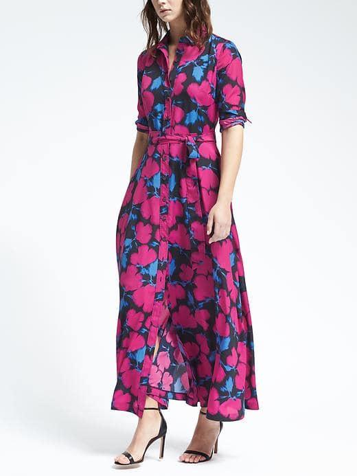 Banana Republic Womens Floral Maxi Shirt Dress - Bright Magenta