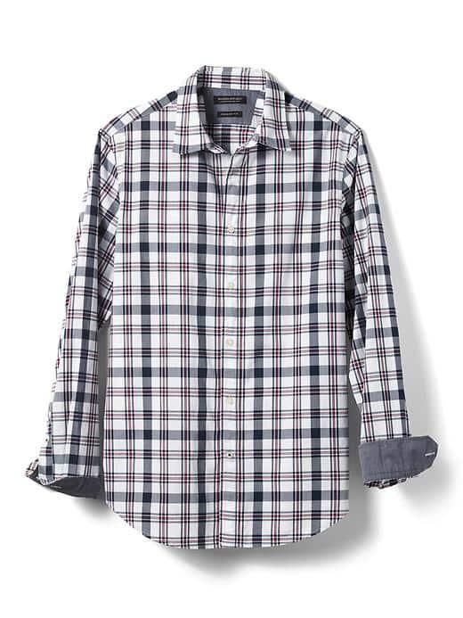 Banana Republic Mens Grant Fit Custom Wash Red Plaid Shirt - Navy Star