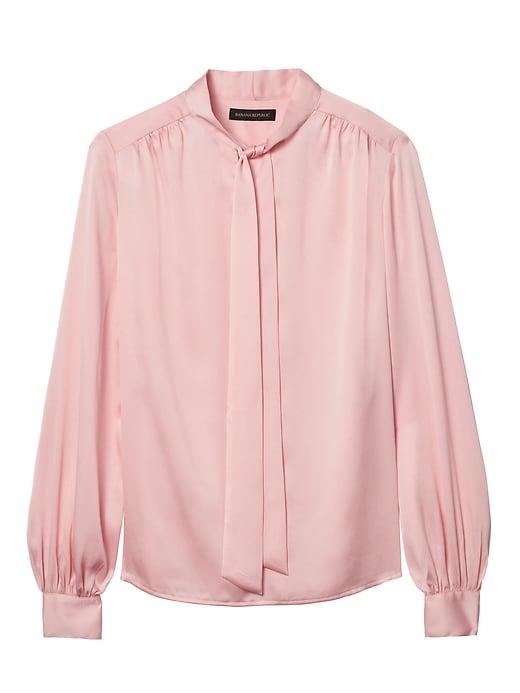 Banana Republic Womens Long Sleeve Tie Neck Top - Soft Pink