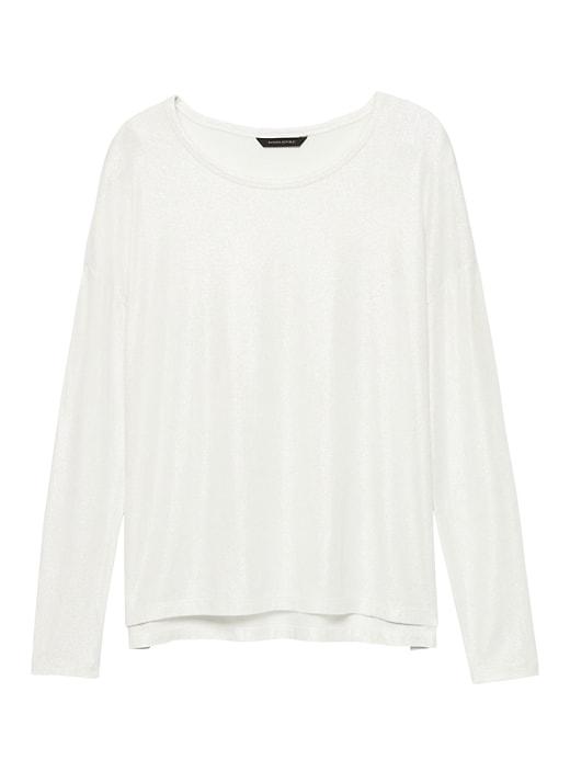Banana Republic Womens Soft-stretch Long-sleeve Metallic Relaxed T-shirt White Size Xs