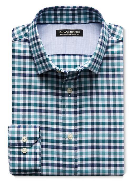 Banana Republic Mens Tailored Slim Fit Non Iron Tri Gingham Shirt Size M Tall - Baltic Blue