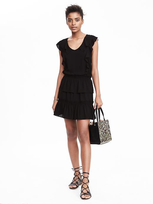 Banana Republic Womens Ruffle Neck Dress Size L Petite - Black