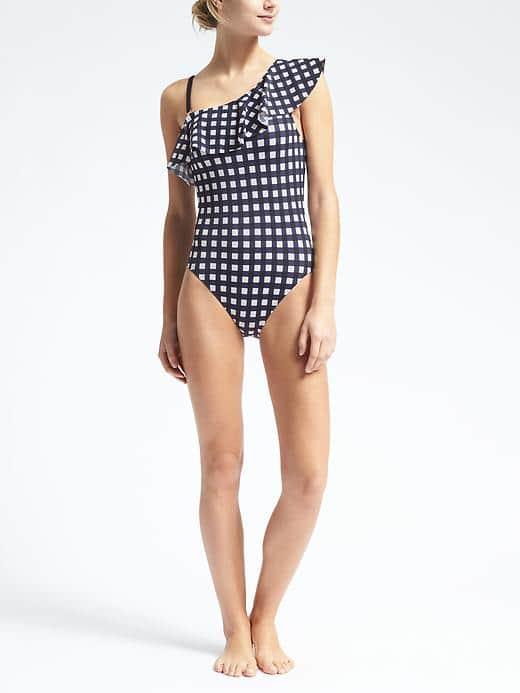 Banana Republic Womens Gingham One Shoulder Swimsuit - Navy