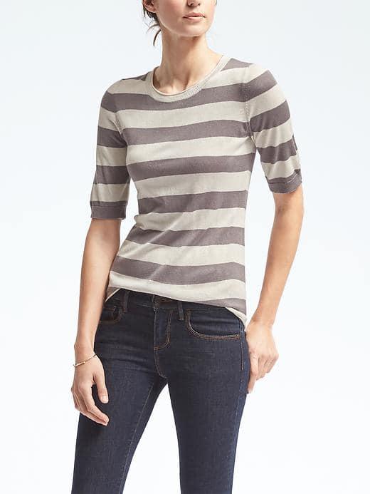 Banana Republic Womens Stripe Silk Cashmere Elbow Sleeve Pullover - Gray Stripe