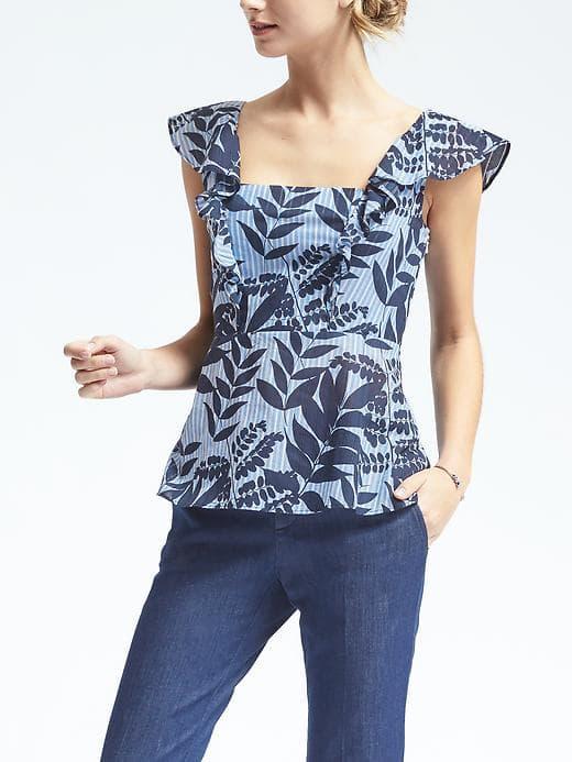Banana Republic Print Flounce Shoulder Top - Navy Star