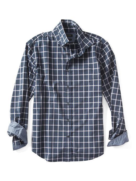 Banana Republic Mens Camden Fit Custom Wash Plaid Shirt - Dutch Blue