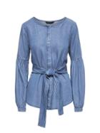 Banana Republic Womens Petite Bubble-sleeve Tencel Top With Tie At Waist Light Wash Size Xxs