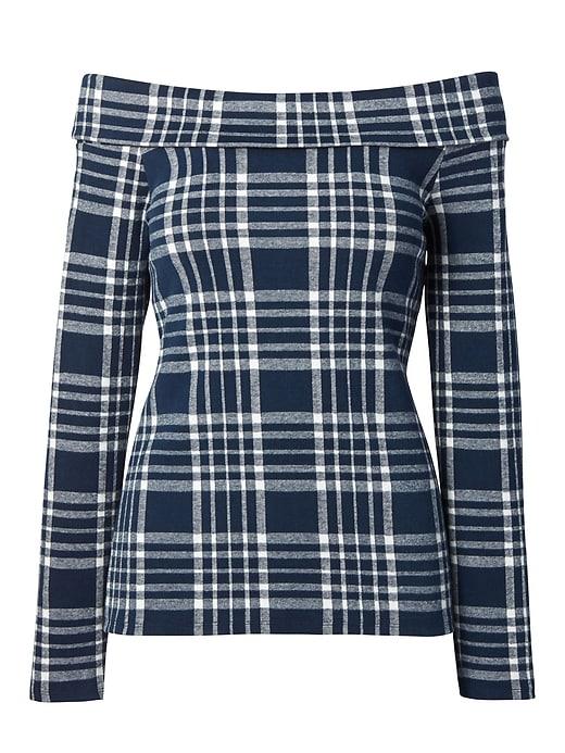 Banana Republic Womens Brushed Off-the-shoulder Top Blue Plaid Size Xl