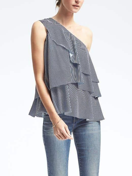 Banana Republic Womens Tiered Stripe One Shoulder Top - Blue Train