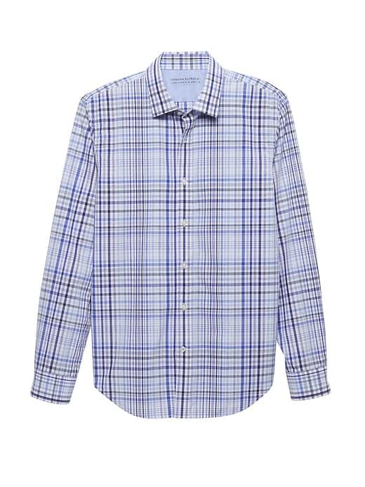 Banana Republic Mens Grant Slim-fit Luxe Poplin Plaid Shirt West Palm Blue Size S