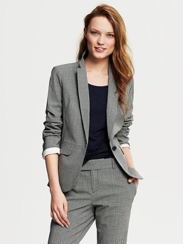 Banana Republic Black Lightweight Wool One Button Blazer - Black Check