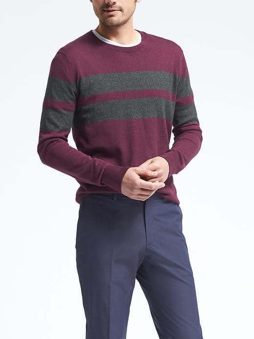 Banana Republic Mens Silk Cotton Cashmere Chest Stripe Pullover - Plum