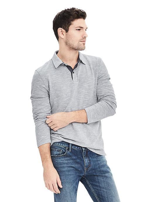 Banana Republic Mens Long Sleeve Pique Polo - Light Gray