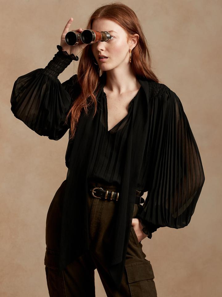 Petite Pleated Tie-neck Top