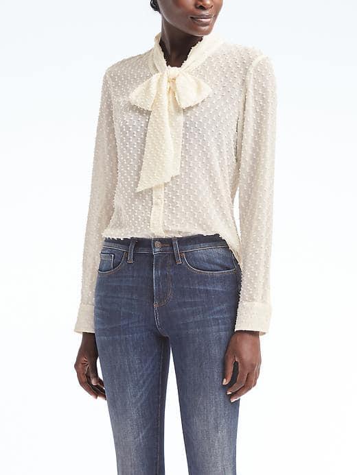 Banana Republic Dillon Fit Clip Dot Tie Neck Shirt - White