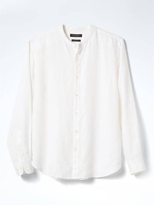 Banana Republic Mens Camden Fit White Linen Banded Collar Shirt - White