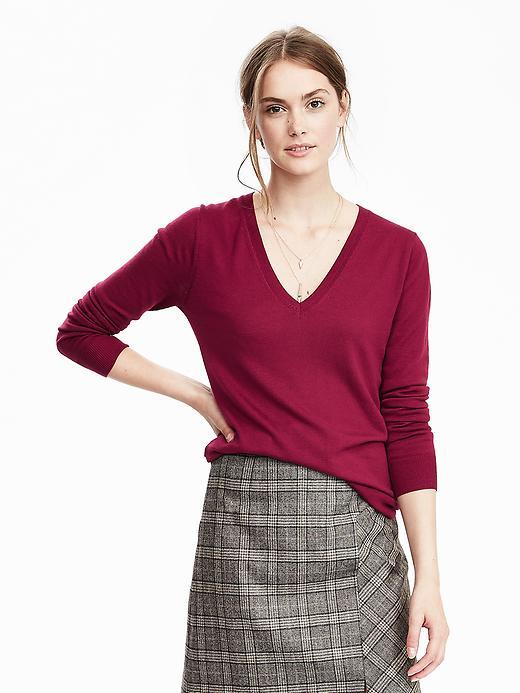 Banana Republic Womens Extra Fine Merino Wool Pointelle Vee Pullover Size L - Cranberry Red