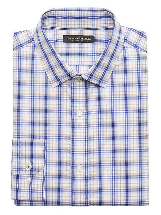 Banana Republic Mens Camden Standard-fit Supima Cotton Check Shirt Tumbleweed Size Xxs