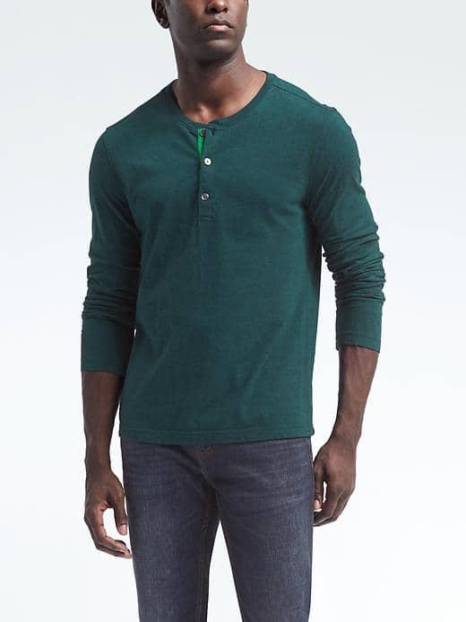 Banana Republic Mens Long Sleeve Soft Wash Henley - Green Grove