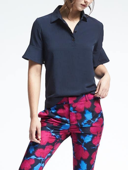Banana Republic Flutter Sleeve Polo Top - Preppy Navy