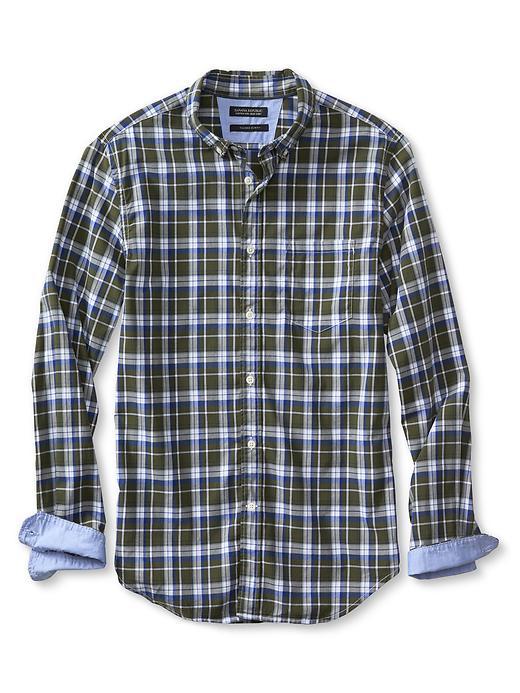 Banana Republic Mens Tailored Slim Fit Custom 078 Wash Plaid Oxford Size L Tall - Jungle Green