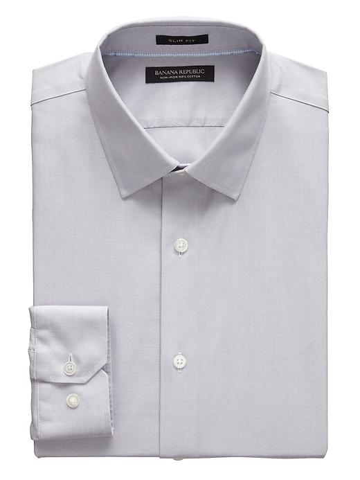 Banana Republic Mens Grant Slim-fit Non-iron Herringbone Dress Shirt Gray Size S