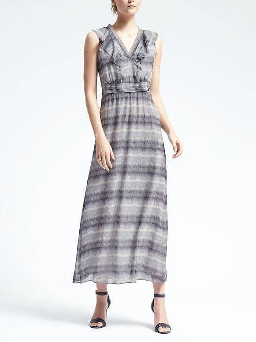 Banana Republic Womens Stripe Ruffle Vee Maxi Dress - Snow Day