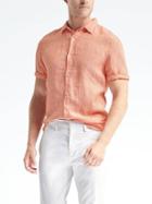 Banana Republic Mens Camden Fit Stripe Linen Short Sleeve Shirt - Orange