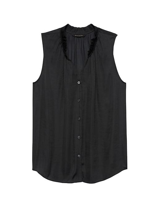 Banana Republic Womens Soft Satin Ruffle-neck Shirt Black Size Xs