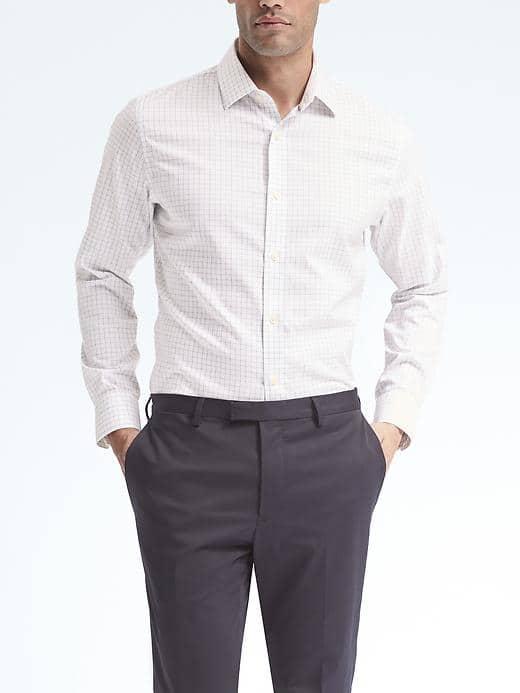 Banana Republic Mens Camden Fit Non Iron Stretch Grid Shirt - White Grid
