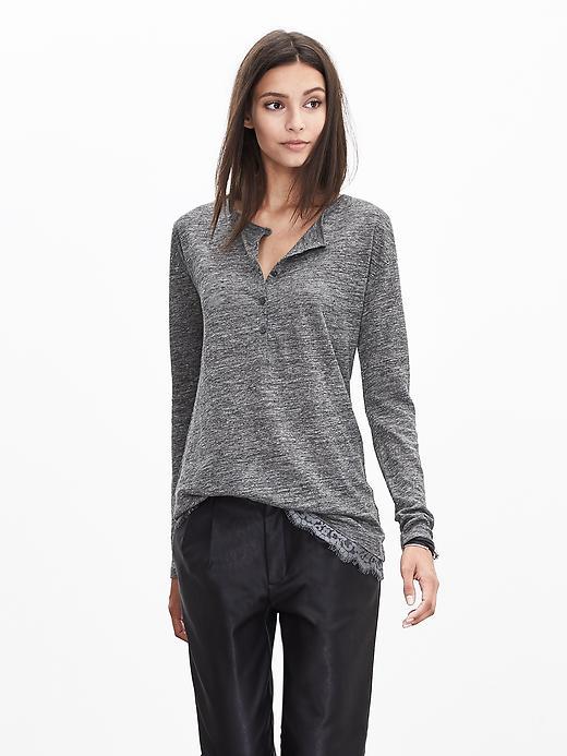 Banana Republic Lace Hem Linen Henley Size L - Heather Gray