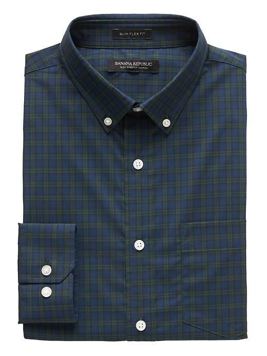 Banana Republic Mens New Slim-fit Tech-stretch Cotton Tartan Plaid Shirt Elysian Blue Size Xs