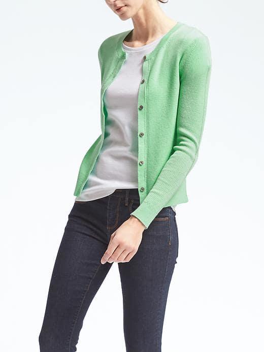 Banana Republic Womens Merino Ribbed Pointelle Cardigan - Stem Green