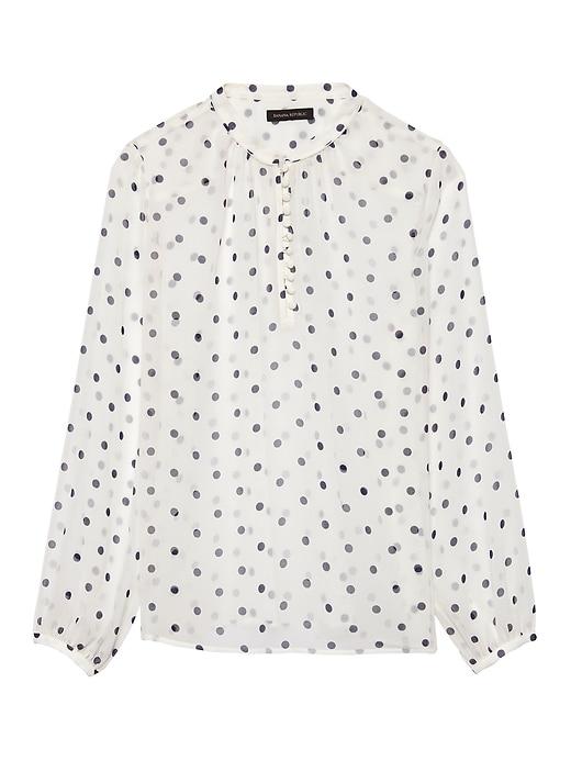 Banana Republic Womens Petite Sheer Dot Button-front Poet-sleeve Top White Polka Dot Size L