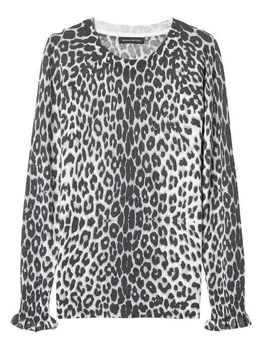 Banana Republic Fine Italian Superloft Leopard Print Ruffle Cuff Pullover Crew - Gray Print