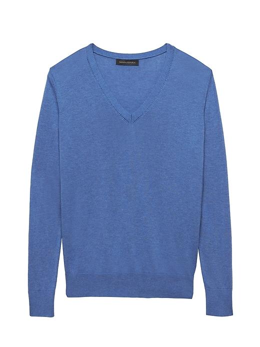 Banana Republic Womens Petite Silk Cotton Boyfriend V-neck Sweater Heather Blue Size Xs